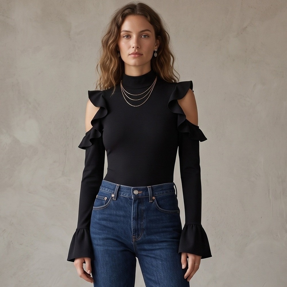 Cinq à Sept Portia Bodysuit Black Ruffle Cold Shoulder Bell Sleeve Medium $265